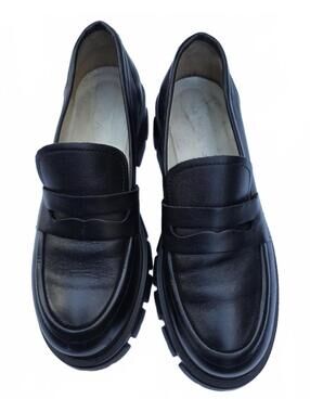 Artica Black Leather Chunky Lug Sole Penny Loafers Platform Slip On Shoes